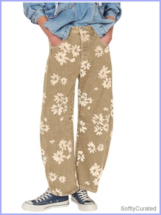 Denim - Distressed Barrel Jeans Baggy Wide Leg Floral Printed Patchwork Denim Pants
